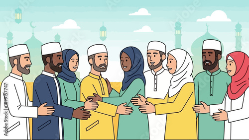 Diverse group of Muslim men and women greeting each other warmly during a religious celebration like Eid, with mosque silhouettes in the background.