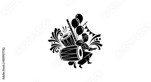 Bhangra dancer with traditional drums and festive elements, black and white vector illustration.