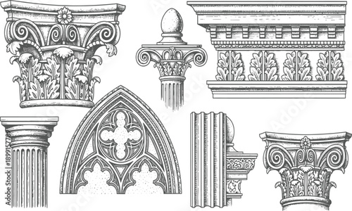 Collection of classic architectural elements featuring Corinthian capitals gothic tracery and fluted columns