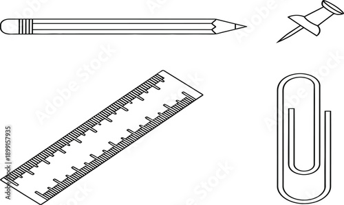 Simple black and white outline icons representing essential stationery tools for office work and school