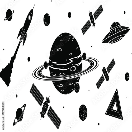 Black and white space exploration icons featuring a rocket, planets, satellites, and alien spacecraft design.