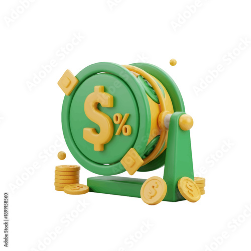 3D spinning money wheel with dollar and percentage signs for financial promotions and discounts, isolated on white background