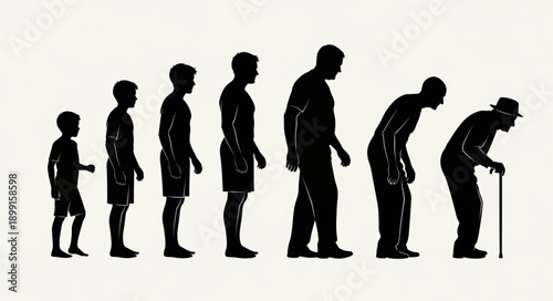 Human life cycle stages from childhood to old age silhouette.