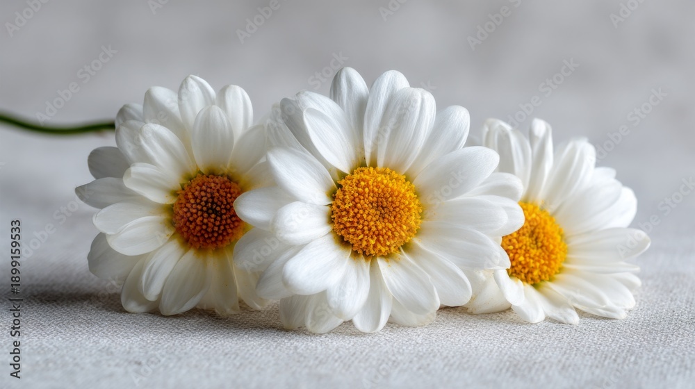 Obraz premium Three White Daisies with Yellow Centers on a Soft Neutral Background Showing a Delicate and Fresh Floral Arrangement Perfect for Nature Lovers