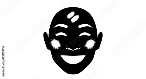 Abstract black and white illustration of a happy face with closed eyes and a wide smile, featuring textured highlights on the forehead and cheeks.
