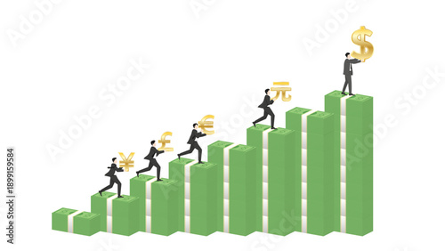 Businessman holding Dollar sign on top of banknote stack bar chart, US dollar dominance in financial stability and market growth concept