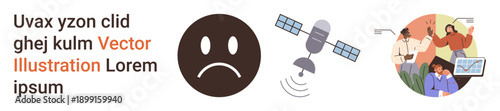 Communication breakdown, teamwork, data transmission, error reporting, project management, collaboration. A sad face, satellite and team brainstorming. Communication breakdown and teamwork concept