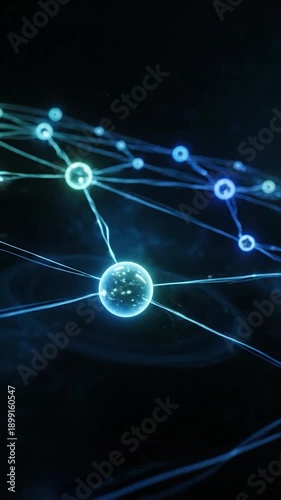 A glowing, spherical structure of interconnected spheres and lines against a dark background