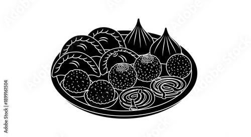 Traditional Indian sweets and desserts platter, black and white line art illustration for cultural celebrations and festivals.