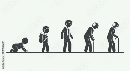 Human life cycle stages from infancy to old age depicted as stick figures.