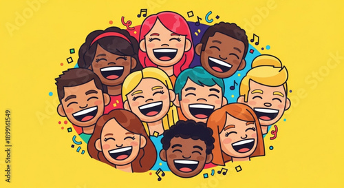 Diverse group of cartoon people singing together with big smiles on bright yellow background