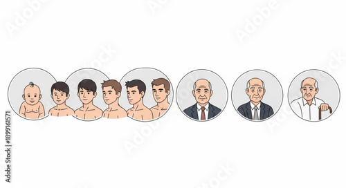 Human life cycle stages from infancy to old age depicted in circles.