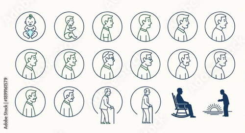 Human life cycle stages from infancy to old age depicted in circles.