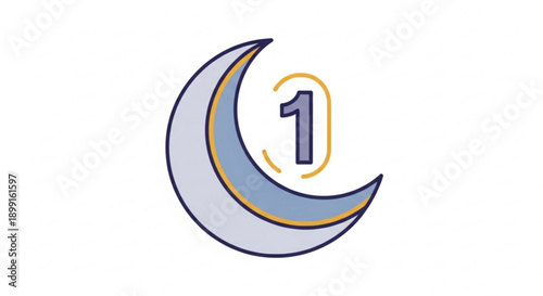 Crescent moon icon with number one symbol on white background simple illustration gray and yellow colors
