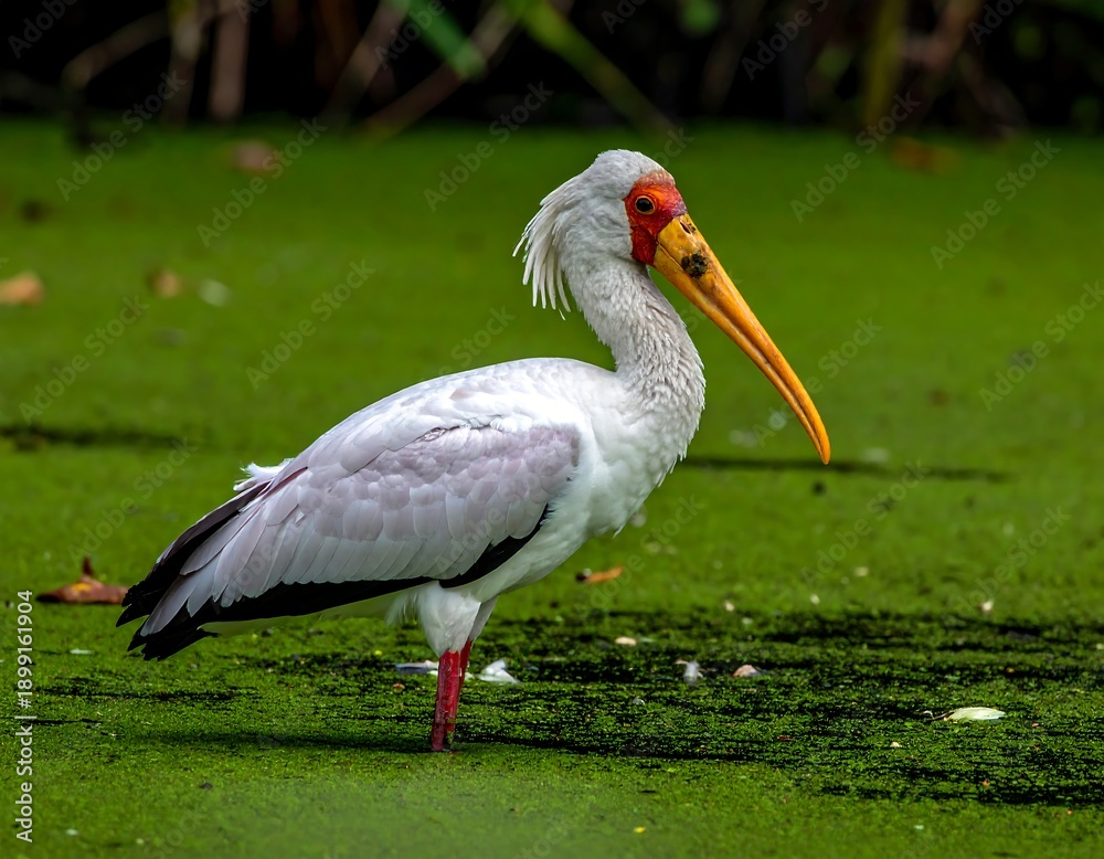 Fototapeta premium Bird with white, gray, yellow, and red feathers wading in green water