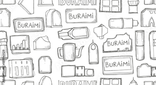 Artistic Illustration of Buraimi Landmarks and Symbols in Monochrome View