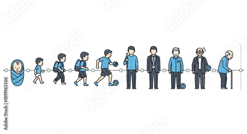 Human life cycle stages from infancy to old age depicted linearly.