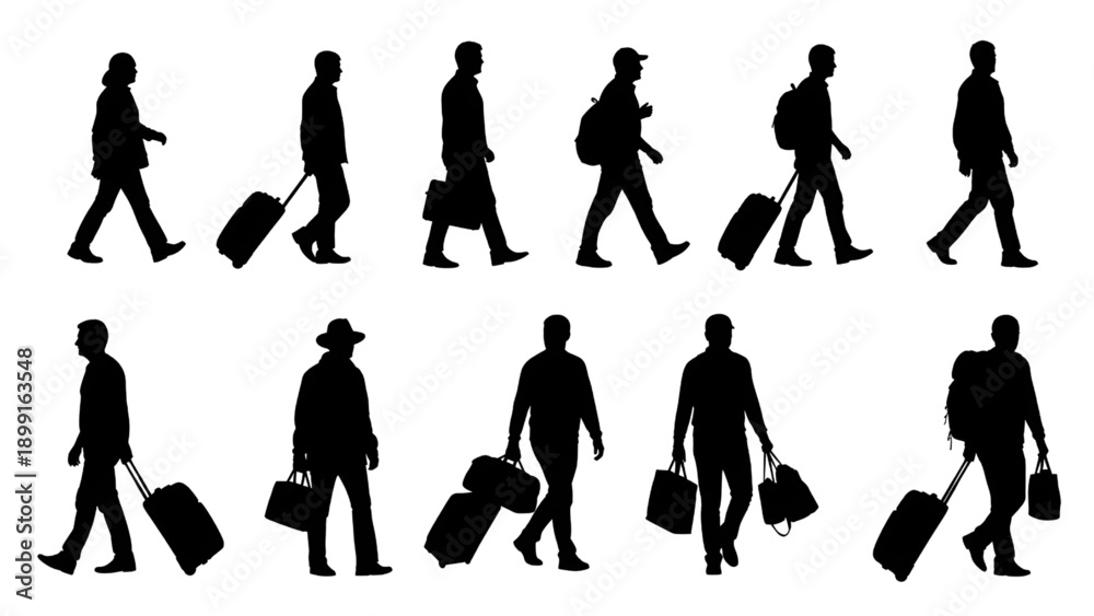 Fototapeta premium People Walking Travel Silhouettes Vector Set – Luggage Bags Tourism Passengers