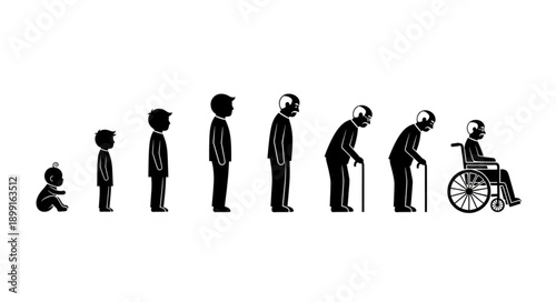 Human life cycle stages from infancy to old age in silhouette.