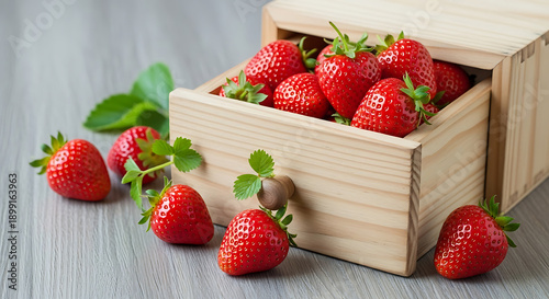 Wallpaper Mural Fresh Ripe Strawberries in a Small Wooden Drawer Box on Gray Wood Background Torontodigital.ca