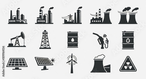 Collection of industrial and energy production icons.