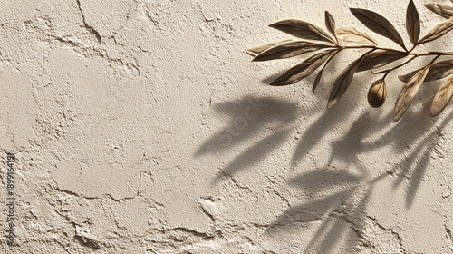 An olive branch casting a delicate shadow on a textured wall, with a blend of history and nature