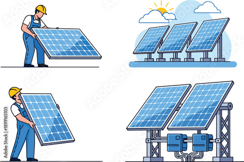 Flat vector illustration set of professional technician installing solar panels and renewable energy system with solar farm in sunny weather