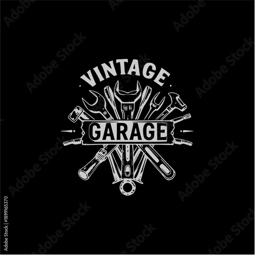 Retro Vintage Garage Tools Emblem for Automotive Mechanics and Car Repair Shops