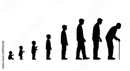 Human life cycle stages from infancy to old age silhouette progression.