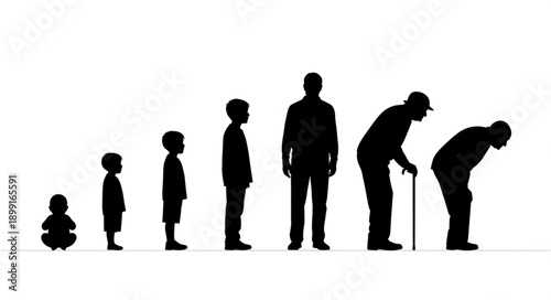 Human life cycle stages from infancy to old age silhouette progression.
