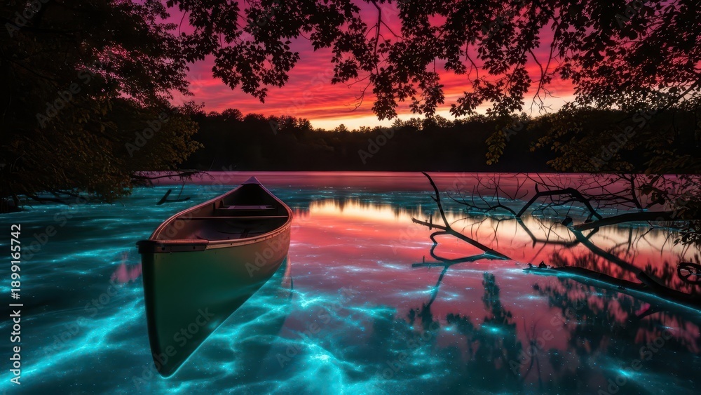 Fototapeta premium An emerald green canoe floats serenely on a vibrant lake reflecting a breathtaking sunset sky and illuminated water