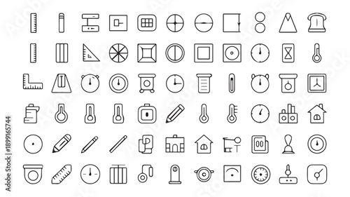 A Comprehensive Collection of 40 Black and White Line Icons for Measurement and Home Appliances