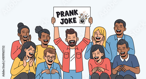 Group of Happy Diverse People Laughing Together at a Prank Joke Sign held by a Man in a Casual Indoor Setting with Bright Neutral Lighting and Cheerful Atmosphere
