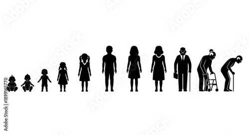 Human life cycle stages from infancy to old age silhouettes.