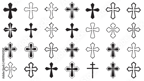 A collection of forty various black and white Christian cross icons on a plain white background for religious or spiritual themes