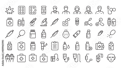A clean vector illustration showcasing a diverse collection of minimalist medical and pharmaceutical line icons, ideal for health, treatment, and wellness interface designs