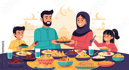 Muslim Family Enjoying a Large Feast with Traditional Food like Samosas and Dates on a Table in front of a Mosque Silhouette in Bright Warm Lighting