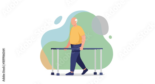 Flat illustration senior male walking slowly with relaxed posture, diabetes friendly exercise for seniors, balance support concept