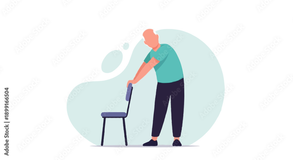 Fototapeta premium Flat illustration senior male stretching arms while holding chair for support, gentle flexibility exercise for diabetes management