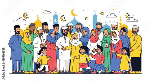 Large Diverse Group of Muslim Men Women and Children Celebrating Together in front of a Mosque Silhouette in Bright Festive Lighting and Joyful Atmosphere