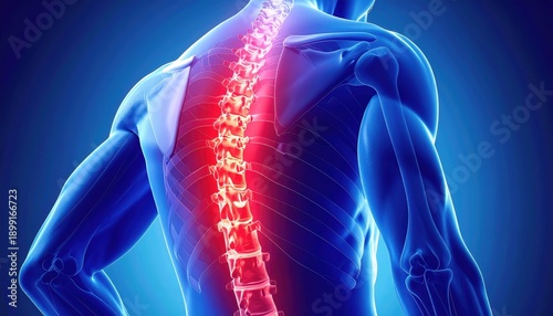 Human Spine Anatomy with Highlighted Vertebrae in Blue Background