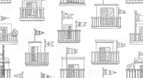 Patterns of Balconies with Flags, Urban Design, Minimalist Illustration