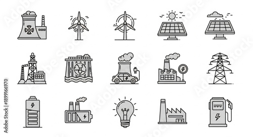 Set of icons representing different energy sources and power generation.