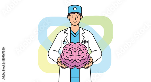 Male Doctor in Medical Scrubs Holding a Large Human Brain Model for Neurological Study, Minimalist Flat Vector Illustration for Health Science Education