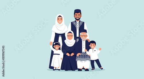 Multi-generational Muslim Family Portrait in Traditional Clothing for Celebration, Minimalist Flat Vector Illustration for Cultural Heritage Theme