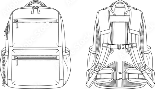 Collection of school backpack line art icons featuring polka dots stars clouds and smiley face patterns for kids coloring book pages