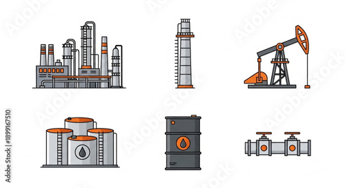 Industrial oil and gas extraction and processing equipment icons.