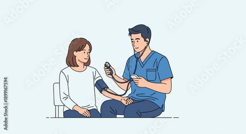 Medical Professional Checking Blood Pressure of a Young Woman in a Clinical Setting, Minimalist Flat Vector Illustration for Health Checkup Scene