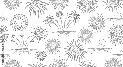 Celebratory Fireworks Display, Festive Atmosphere, Night Sky, Illustration