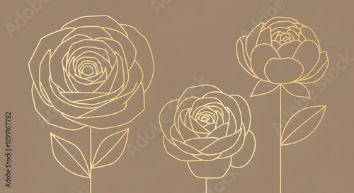 Abstract luxury floral background, stylized rose and peony forms reduced to geometric shapes, muted gold gradient lines on warm taupe background, modern art-deco influence, vector illustration, editor